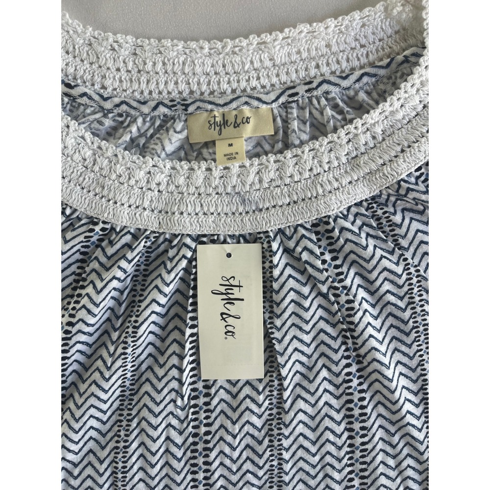 Style & Co Womens Medium Navy Blue White Zig Zag Crochet Neck Flutter Sleeve Top - Picture 2 of 8